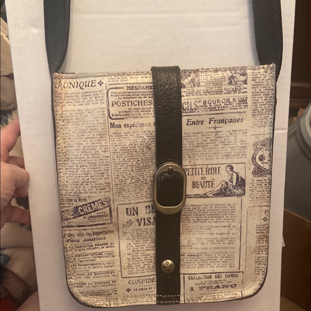 Patricia Nash Black and Cream Newspaper Print Messenger Bag